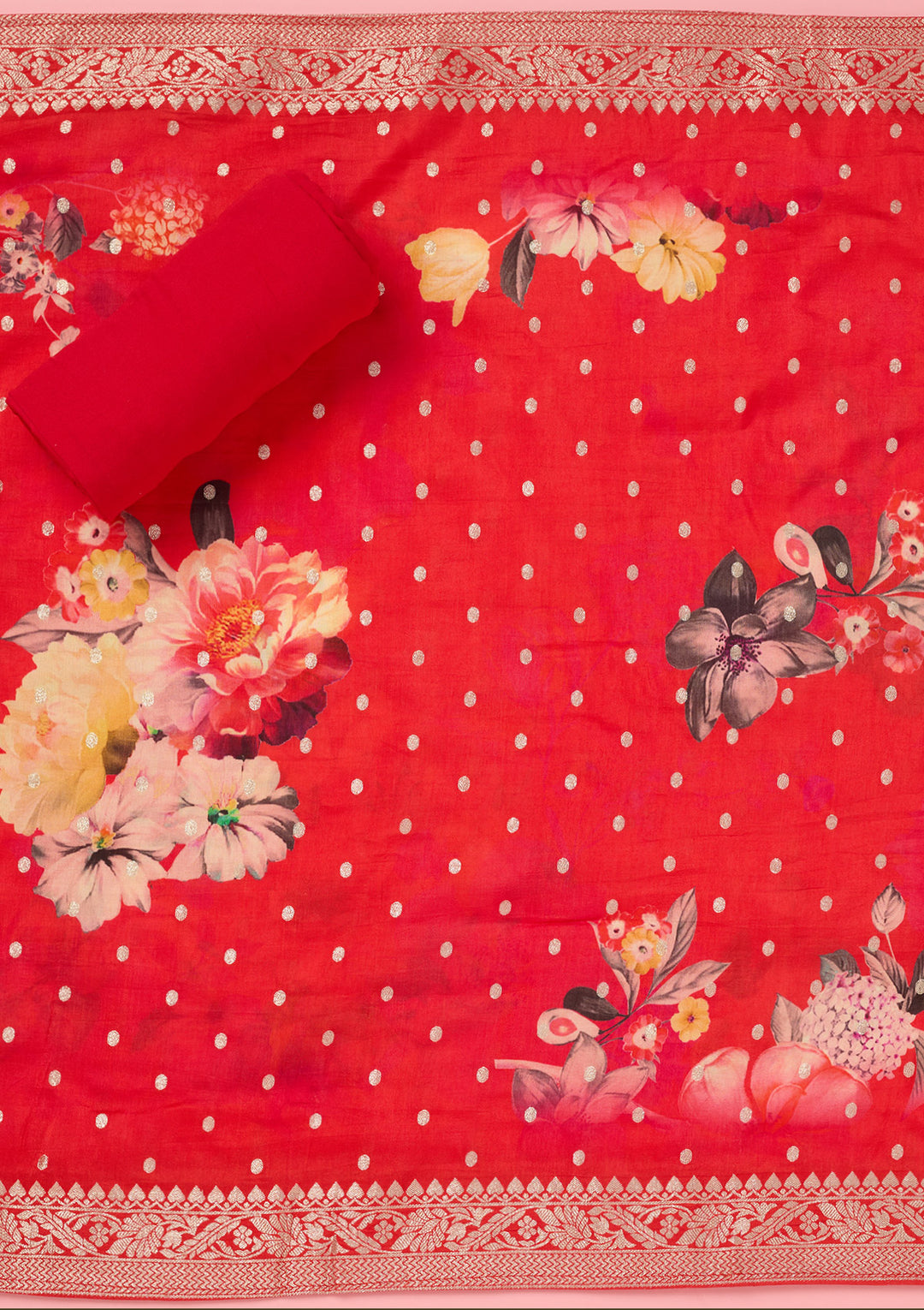 Pink Dola Silk Floral Gold Zariwork Unstitched Dress Material With Matching Bottom And Dupatta