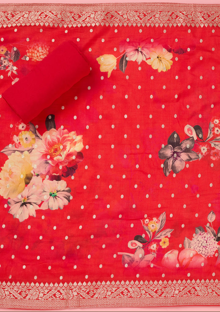 Pink Dola Silk Floral Gold Zariwork Unstitched Dress Material With Matching Bottom And Dupatta