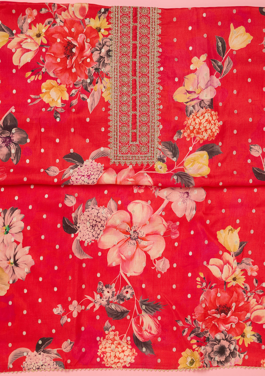 Pink Dola Silk Floral Gold Zariwork Unstitched Dress Material With Matching Bottom And Dupatta