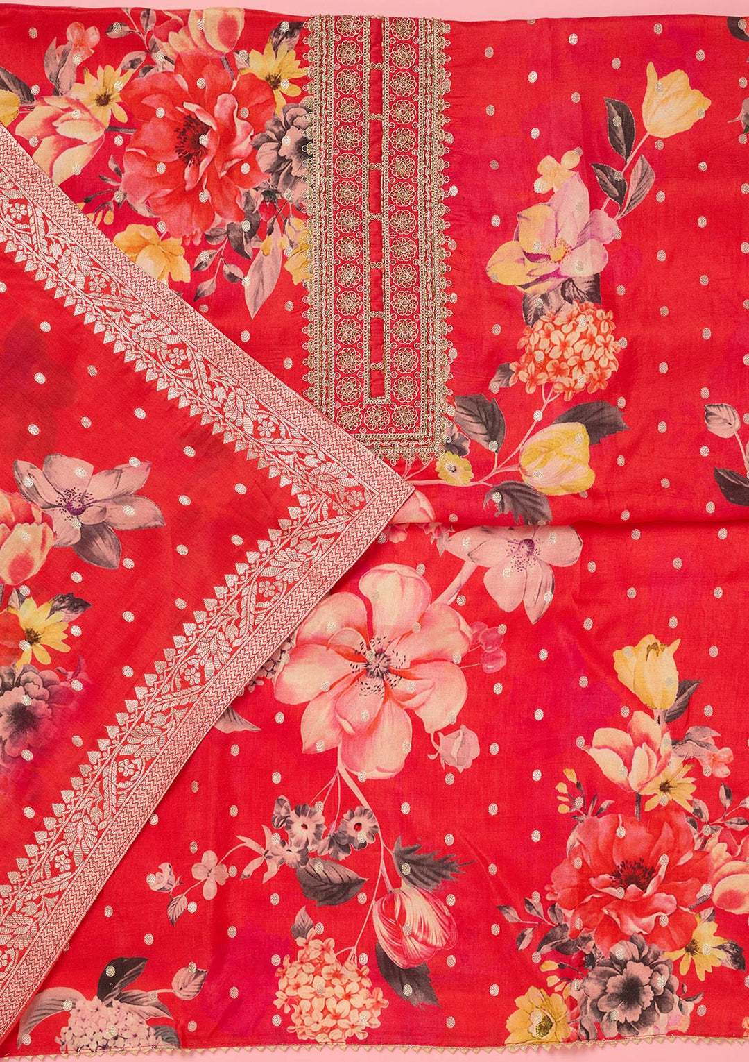 Pink Dola Silk Floral Gold Zariwork Unstitched Dress Material With Matching Bottom And Dupatta
