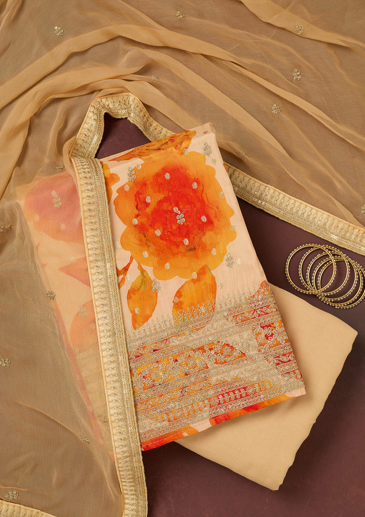 Cream Zariwork Dola Silk Unstitched Salwar Suit