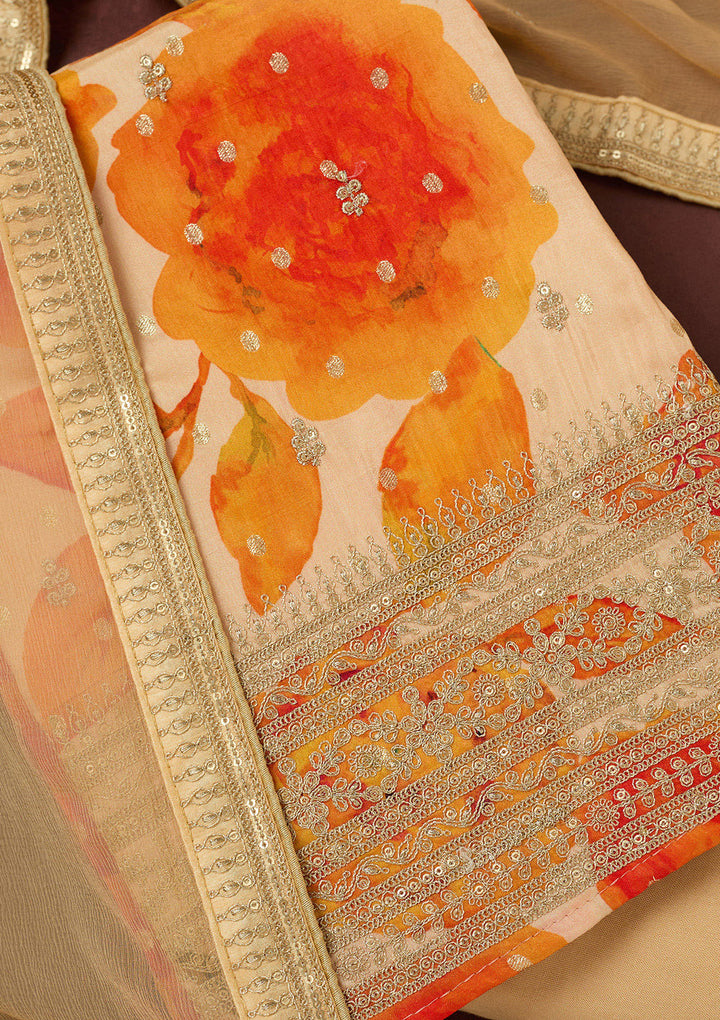 Cream Zariwork Dola Silk Unstitched Salwar Suit