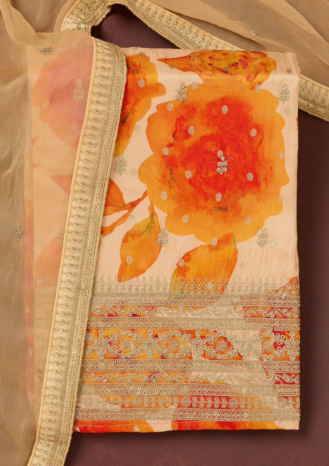 Cream Zariwork Dola Silk Unstitched Salwar Suit