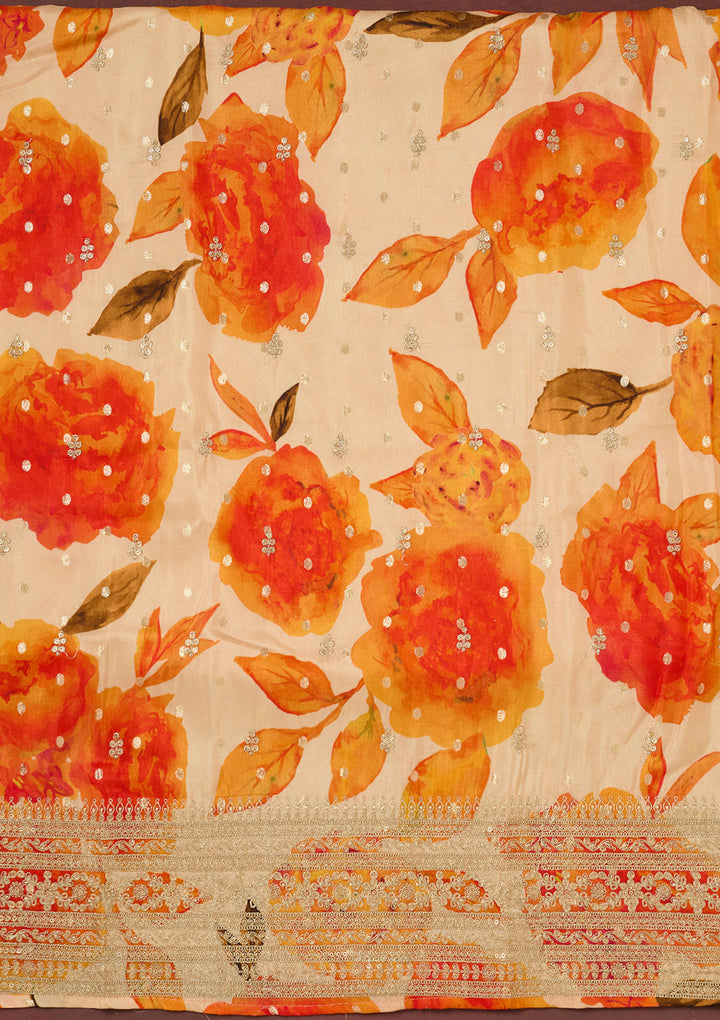 Cream Zariwork Dola Silk Unstitched Salwar Suit