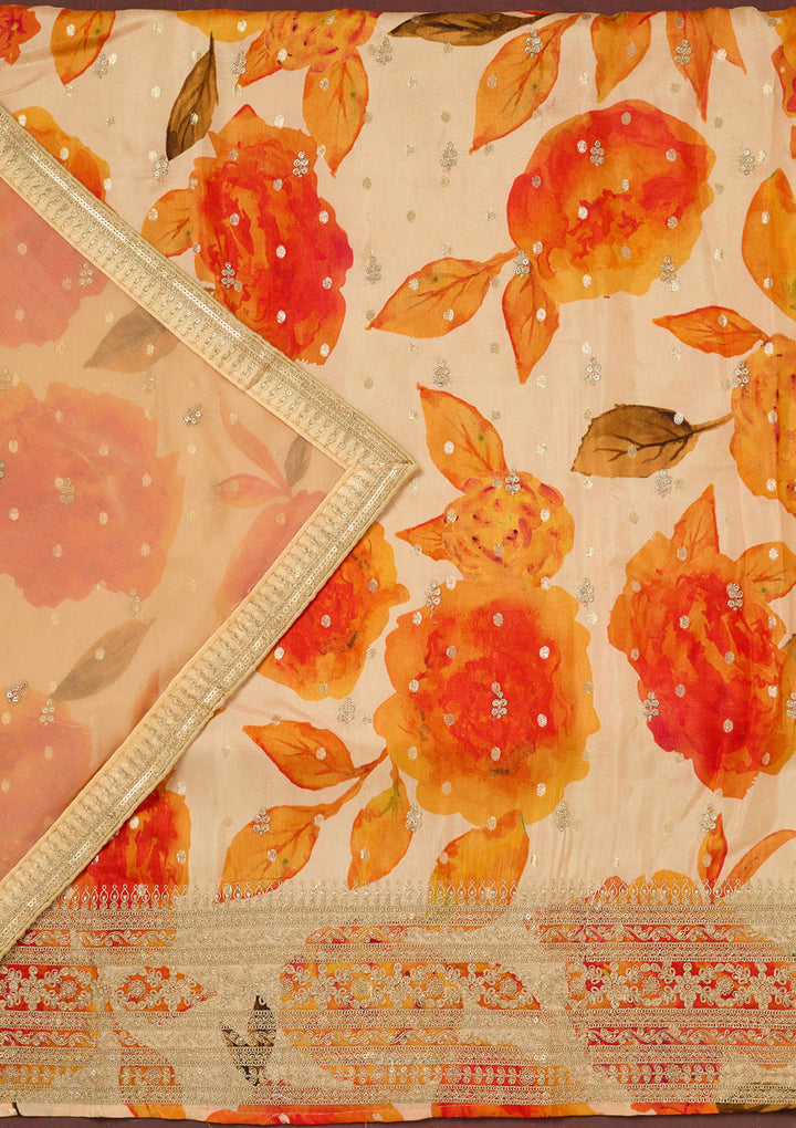 Cream Zariwork Dola Silk Unstitched Salwar Suit