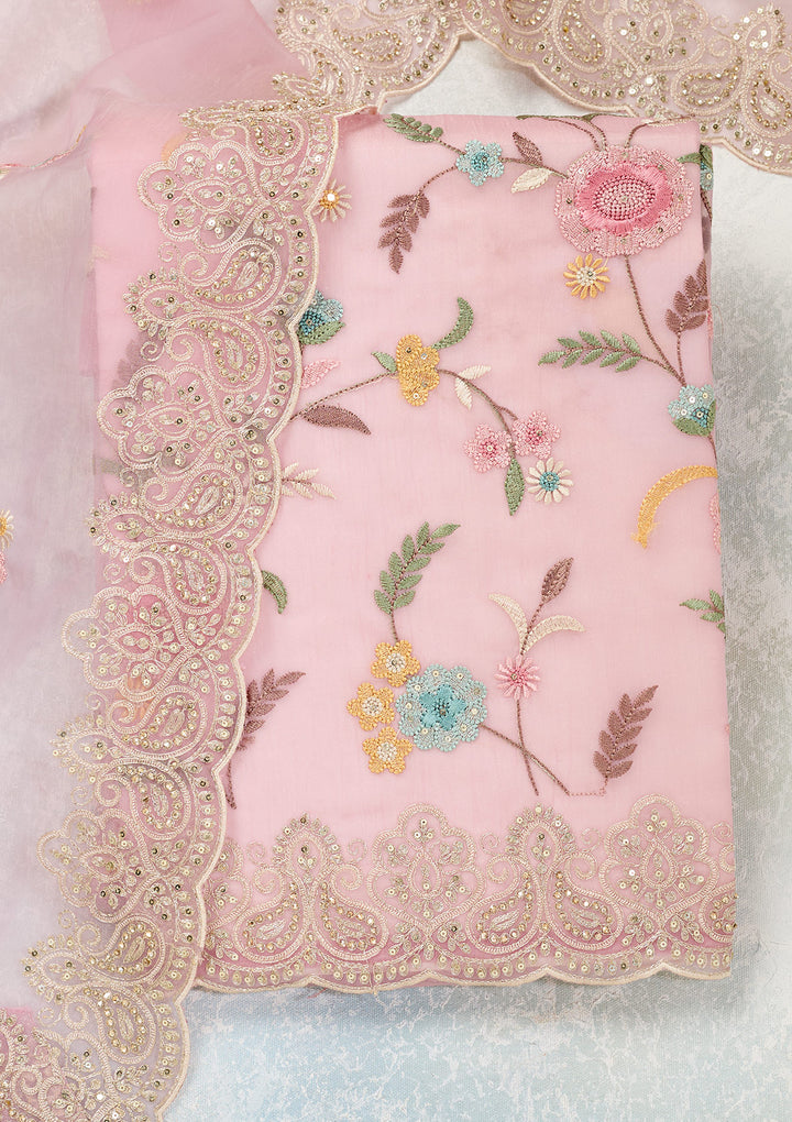 Pink Threadwork Semi Crepe Unstitched Salwar Suit