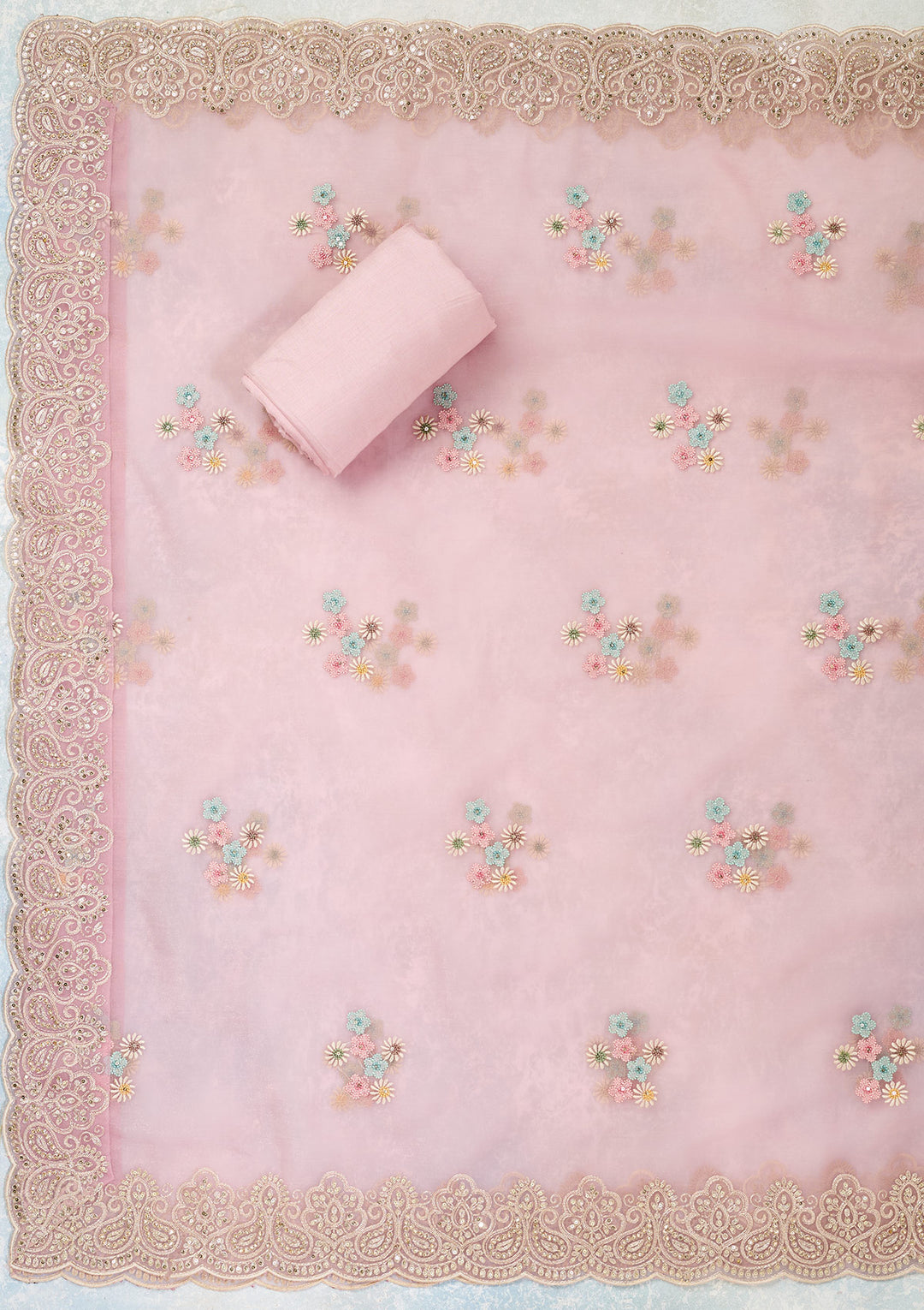 Pink Threadwork Semi Crepe Unstitched Salwar Suit