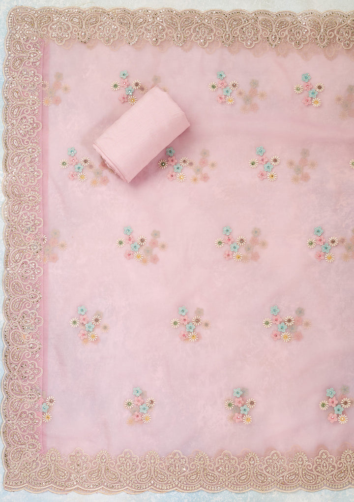 Pink Threadwork Semi Crepe Unstitched Salwar Suit