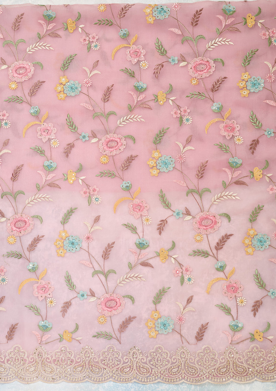 Pink Threadwork Semi Crepe Unstitched Salwar Suit