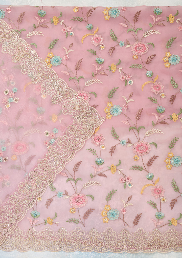 Pink Threadwork Semi Crepe Unstitched Salwar Suit