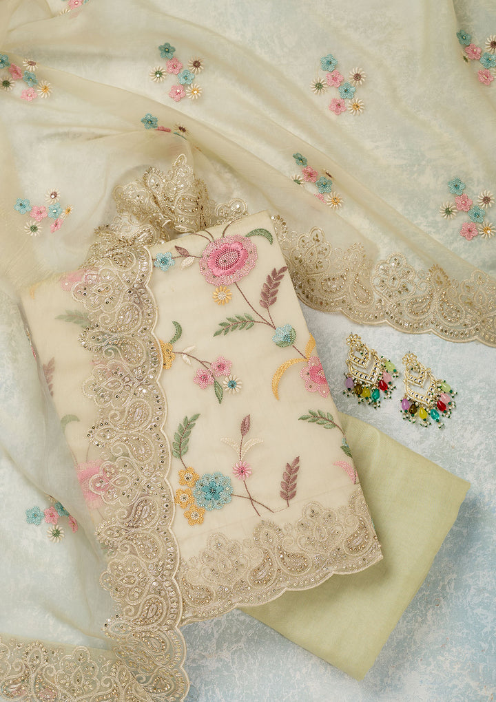 Pista Green Threadwork Semi Crepe Unstitched Salwar Suit