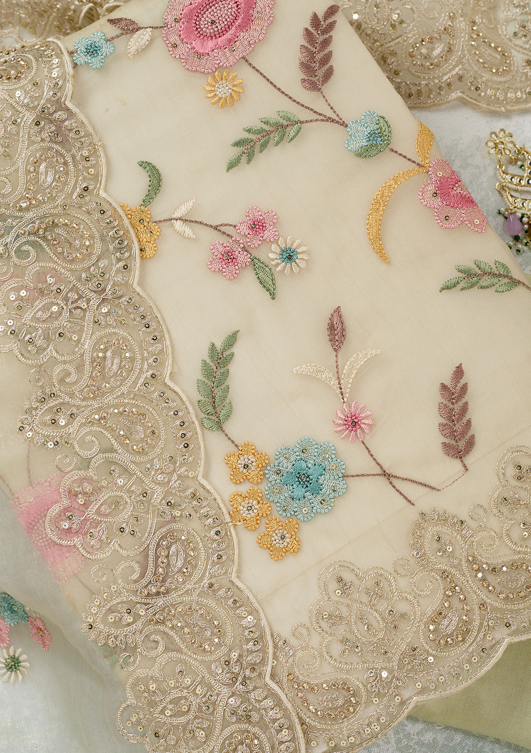 Pista Green Threadwork Semi Crepe Unstitched Salwar Suit