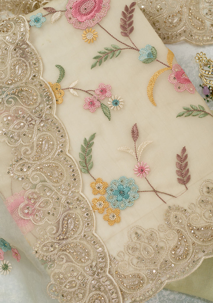 Pista Green Threadwork Semi Crepe Unstitched Salwar Suit