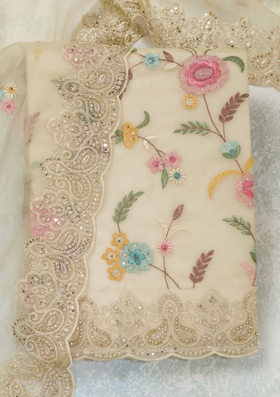 Pista Green Threadwork Semi Crepe Unstitched Salwar Suit