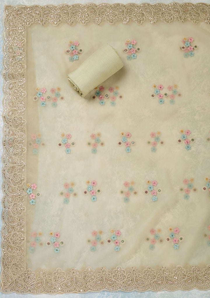 Pista Green Threadwork Semi Crepe Unstitched Salwar Suit