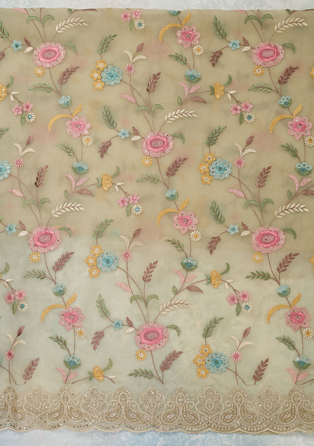 Pista Green Threadwork Semi Crepe Unstitched Salwar Suit