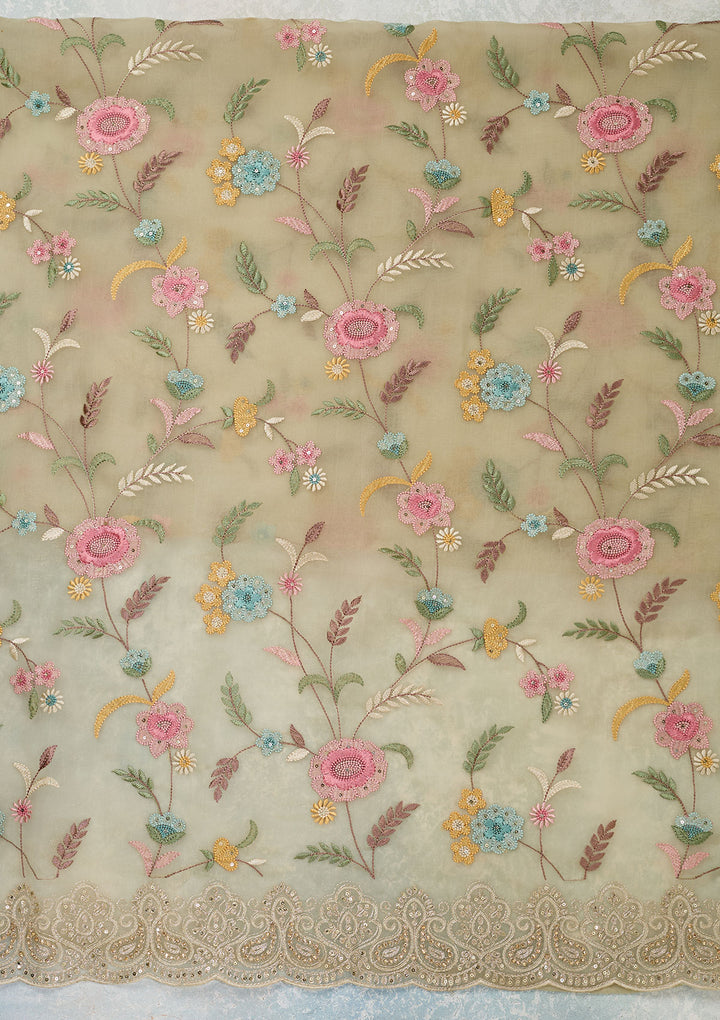 Pista Green Threadwork Semi Crepe Unstitched Salwar Suit