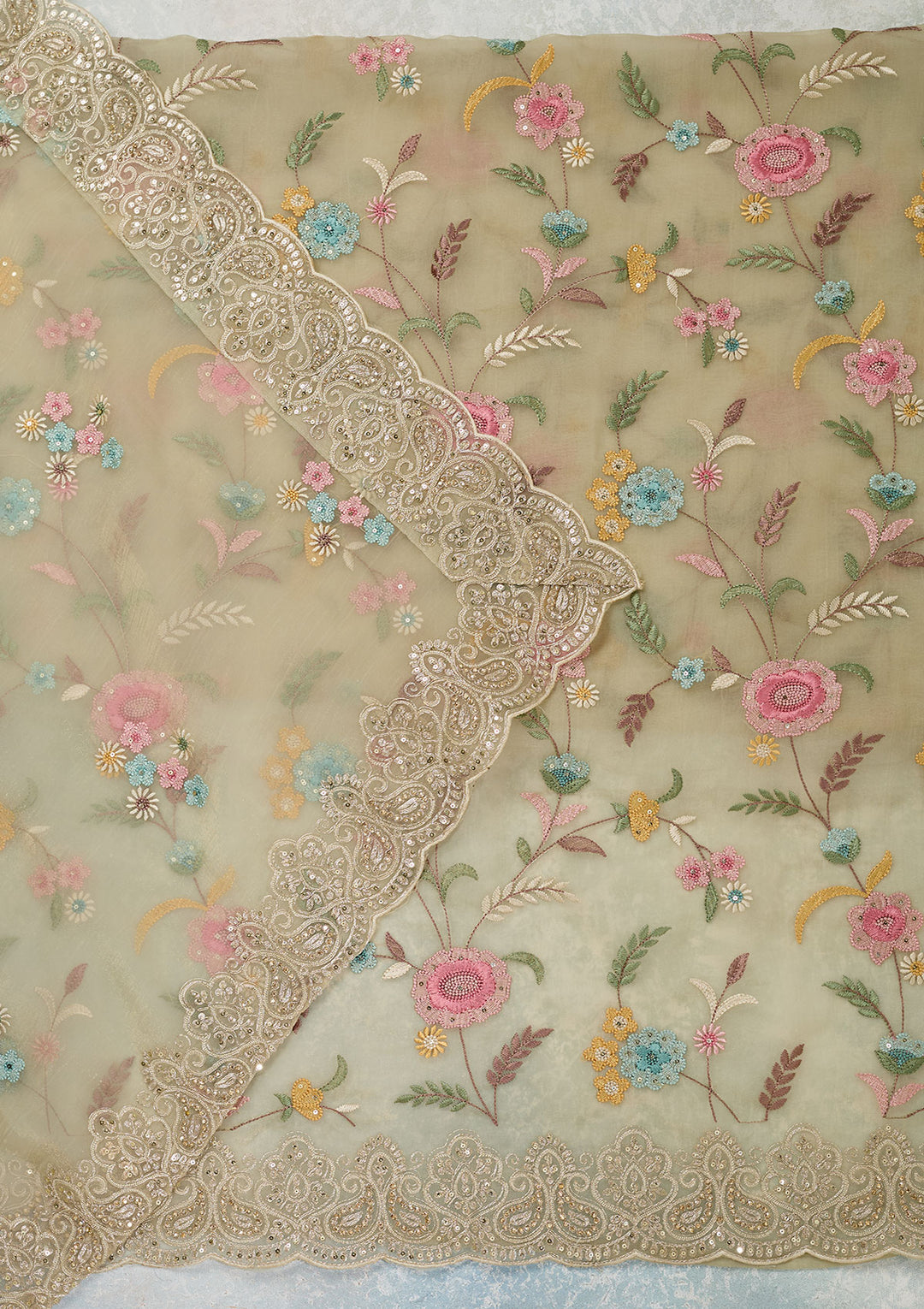 Pista Green Threadwork Semi Crepe Unstitched Salwar Suit