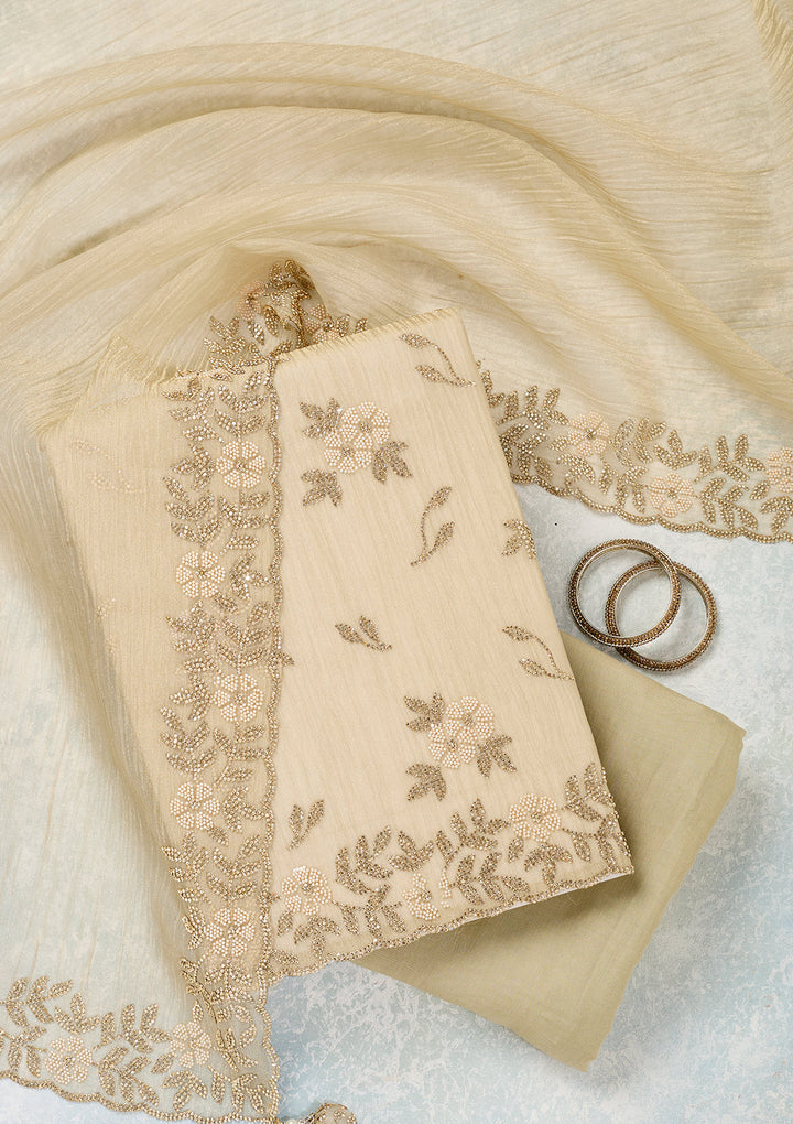 Beige Tissue Gold Zardozi Work Unstitched Dress Material With Matching Bottom And Dupatta