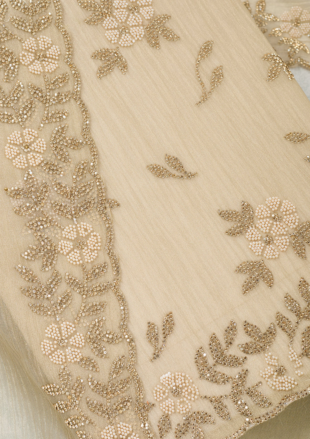 Beige Tissue Gold Zardozi Work Unstitched Dress Material With Matching Bottom And Dupatta