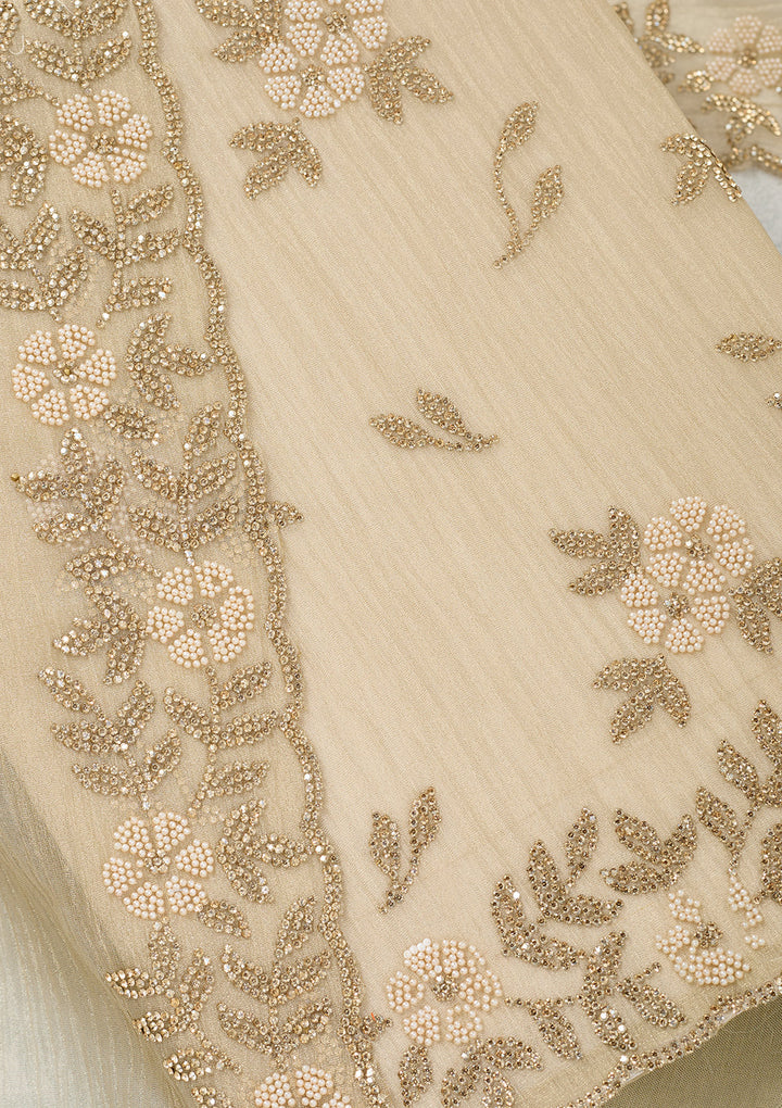 Beige Tissue Gold Zardozi Work Unstitched Dress Material With Matching Bottom And Dupatta