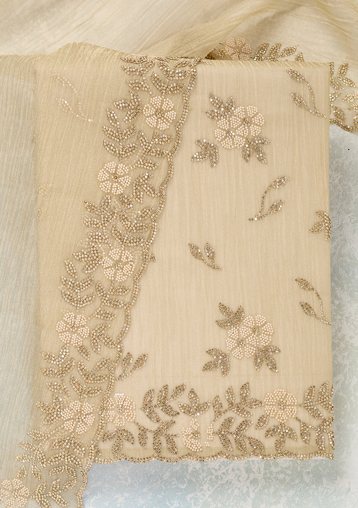 Beige Tissue Gold Zardozi Work Unstitched Dress Material With Matching Bottom And Dupatta