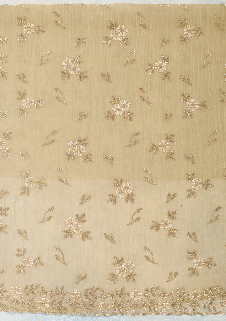 Beige Tissue Gold Zardozi Work Unstitched Dress Material With Matching Bottom And Dupatta