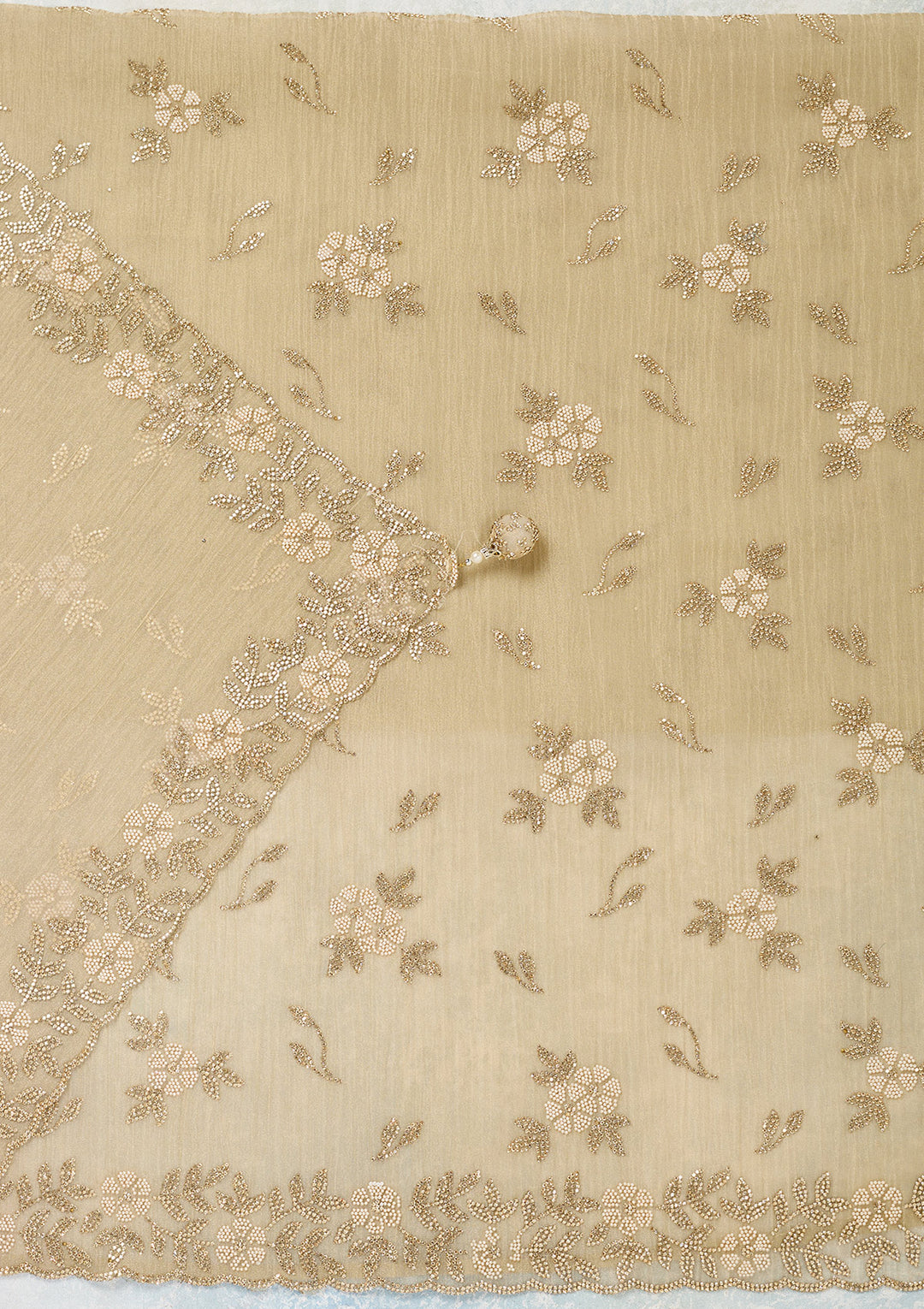 Beige Tissue Gold Zardozi Work Unstitched Dress Material With Matching Bottom And Dupatta
