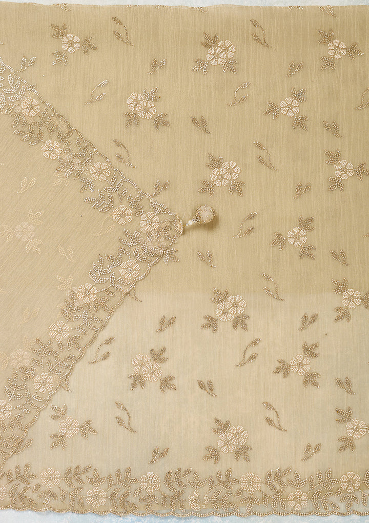 Beige Tissue Gold Zardozi Work Unstitched Dress Material With Matching Bottom And Dupatta