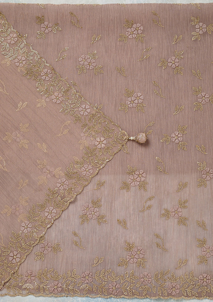 Lavender Tissue Gold Zardozi Work Unstitched Dress Material With Matching Bottom And Dupatta