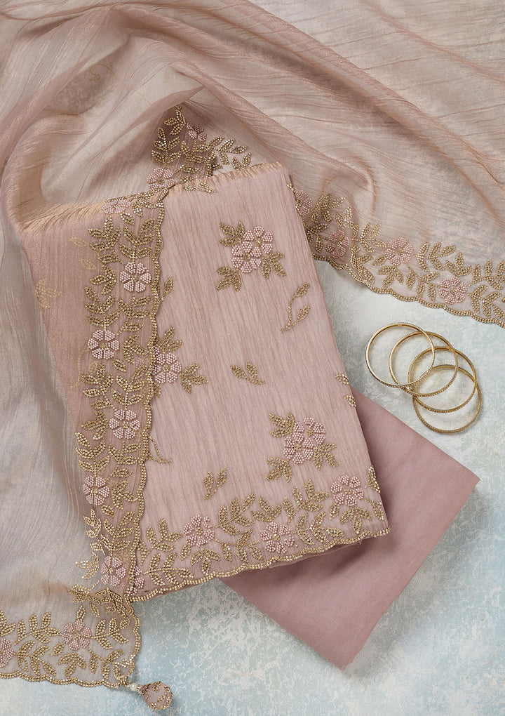 Lavender Tissue Gold Zardozi Work Unstitched Dress Material With Matching Bottom And Dupatta