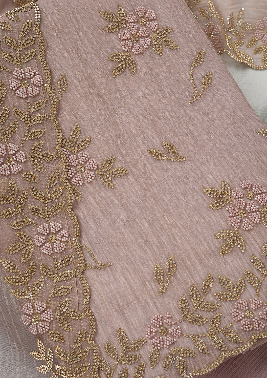 Lavender Tissue Gold Zardozi Work Unstitched Dress Material With Matching Bottom And Dupatta