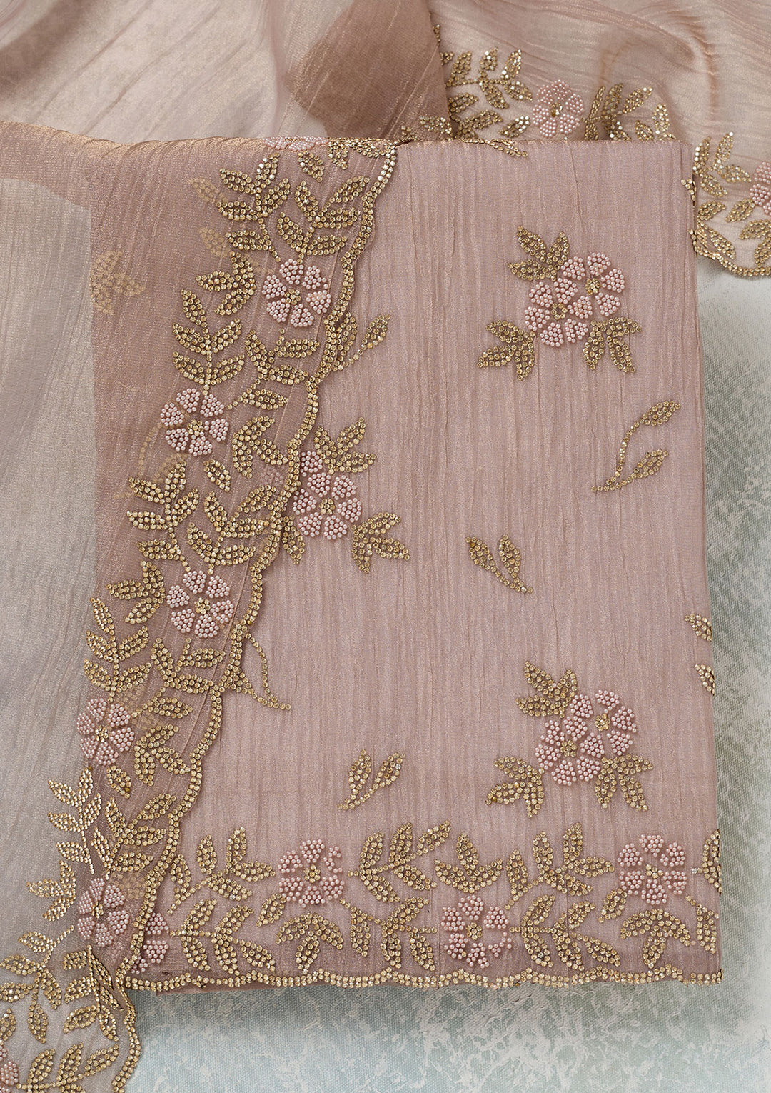 Lavender Tissue Gold Zardozi Work Unstitched Dress Material With Matching Bottom And Dupatta