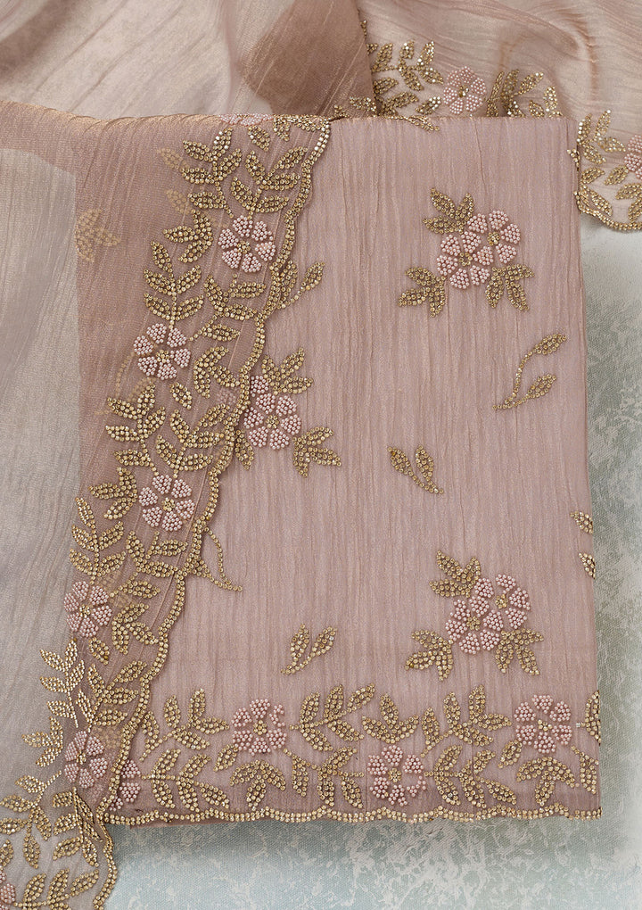 Lavender Tissue Gold Zardozi Work Unstitched Dress Material With Matching Bottom And Dupatta