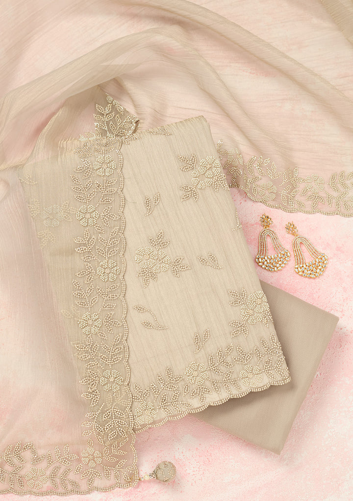 Light Grey Tissue Gold Zardozi Work Unstitched Dress Material With Matching Bottom And Dupatta