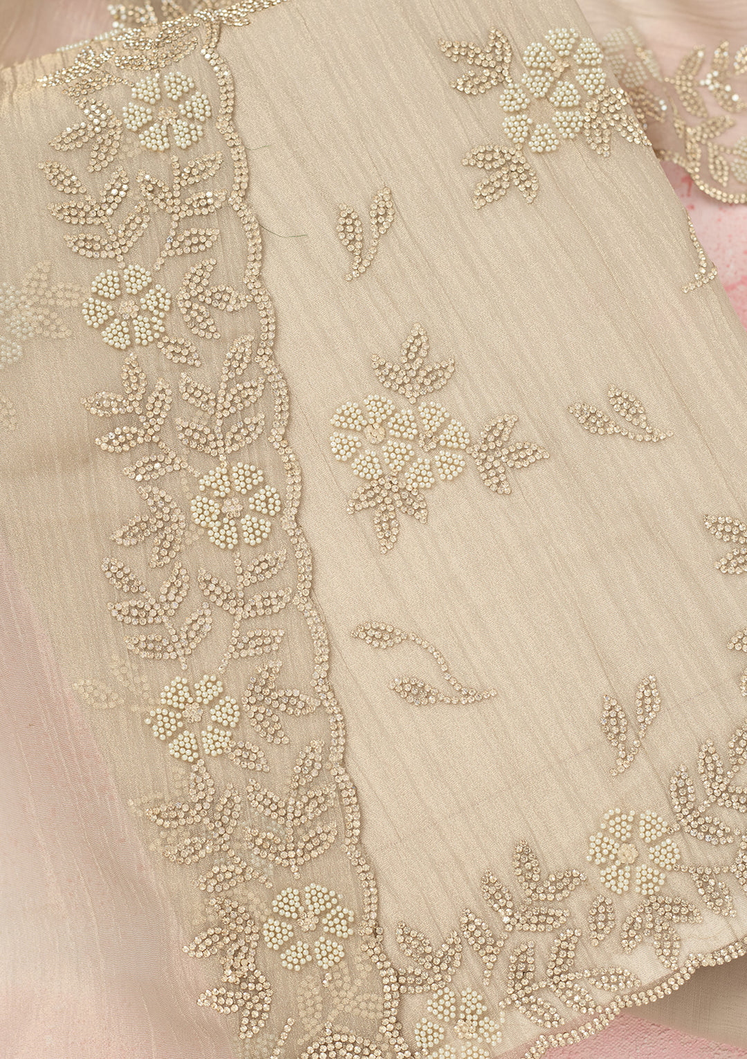 Light Grey Tissue Gold Zardozi Work Unstitched Dress Material With Matching Bottom And Dupatta