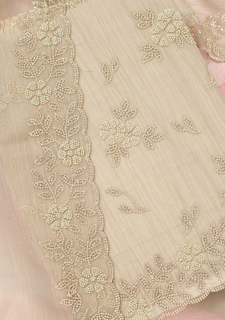 Light Grey Tissue Gold Zardozi Work Unstitched Dress Material With Matching Bottom And Dupatta