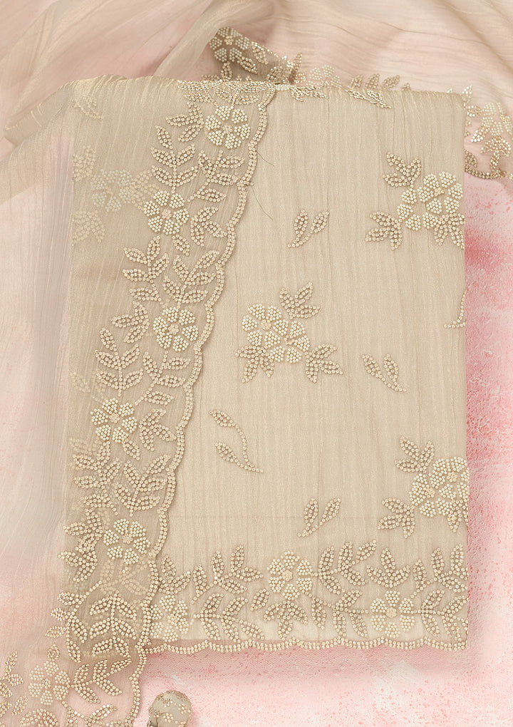 Light Grey Tissue Gold Zardozi Work Unstitched Dress Material With Matching Bottom And Dupatta