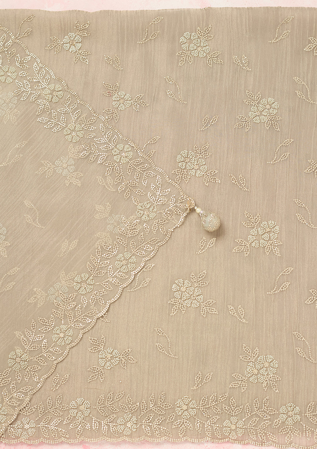 Light Grey Tissue Gold Zardozi Work Unstitched Dress Material With Matching Bottom And Dupatta