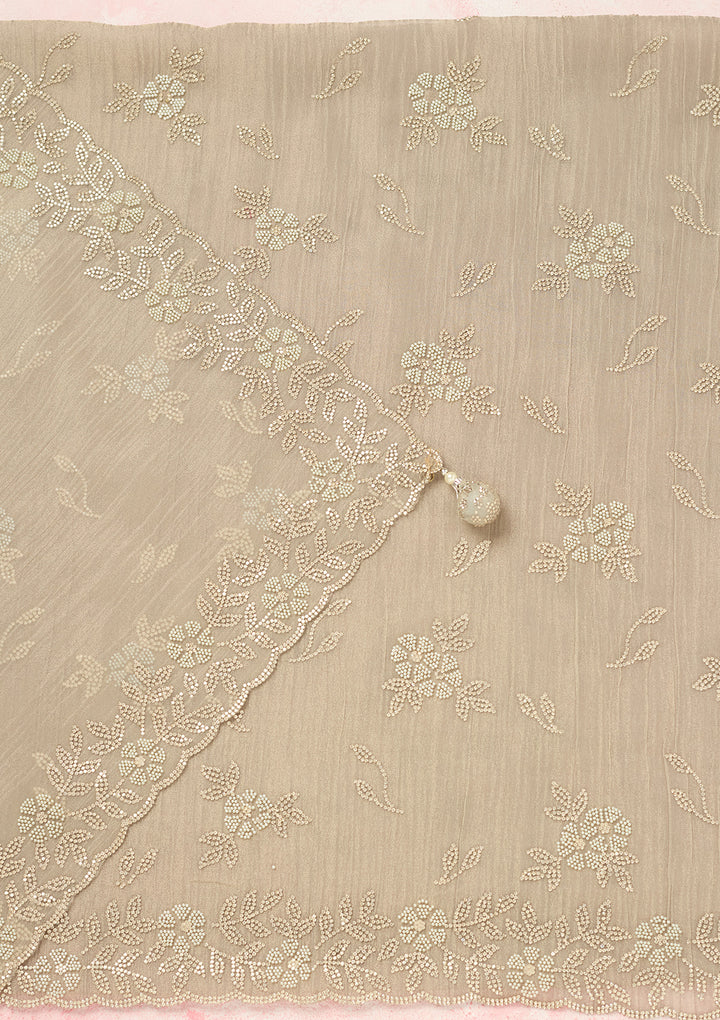 Light Grey Tissue Gold Zardozi Work Unstitched Dress Material With Matching Bottom And Dupatta
