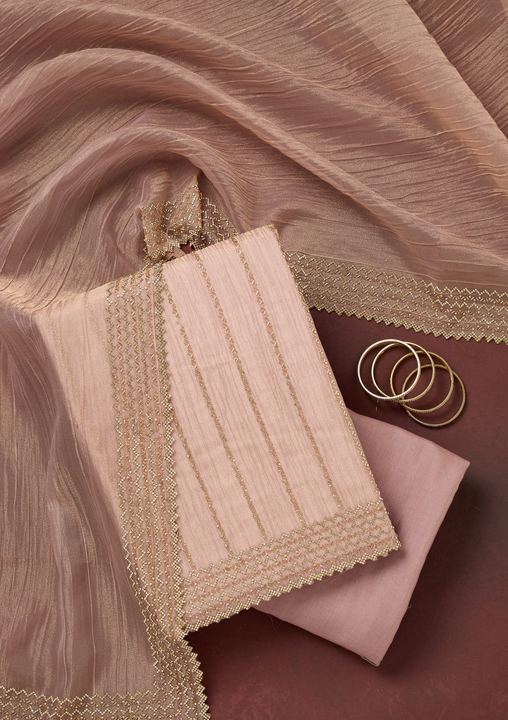 Peach Tissue Gold Stonework Unstitched Dress Material With Matching Bottom And Dupatta