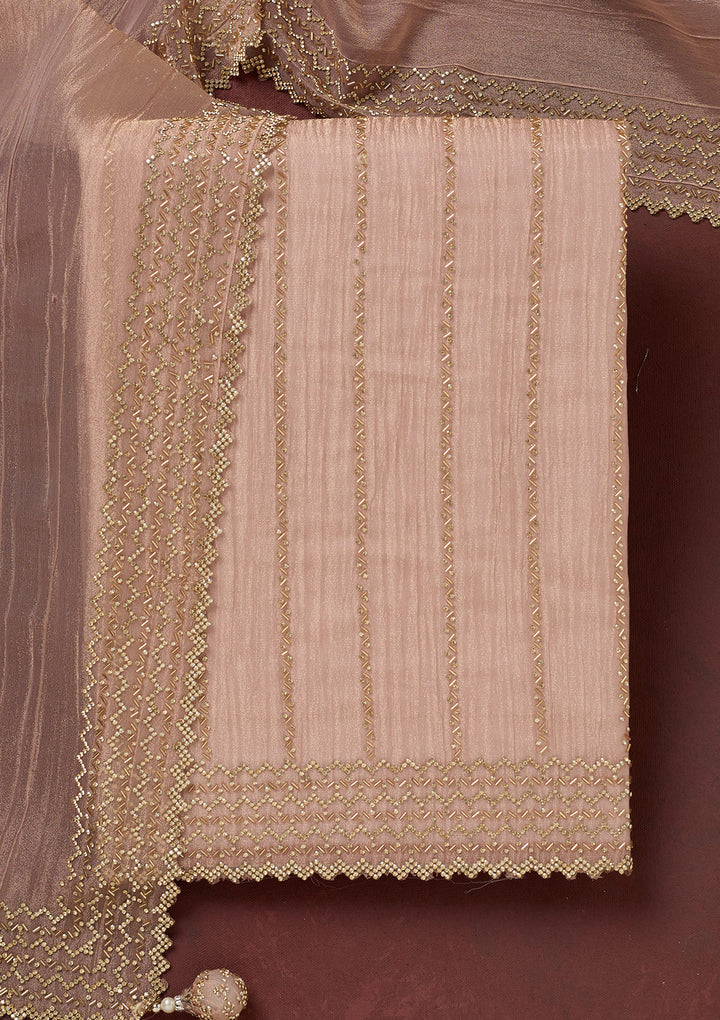 Peach Tissue Gold Stonework Unstitched Dress Material With Matching Bottom And Dupatta