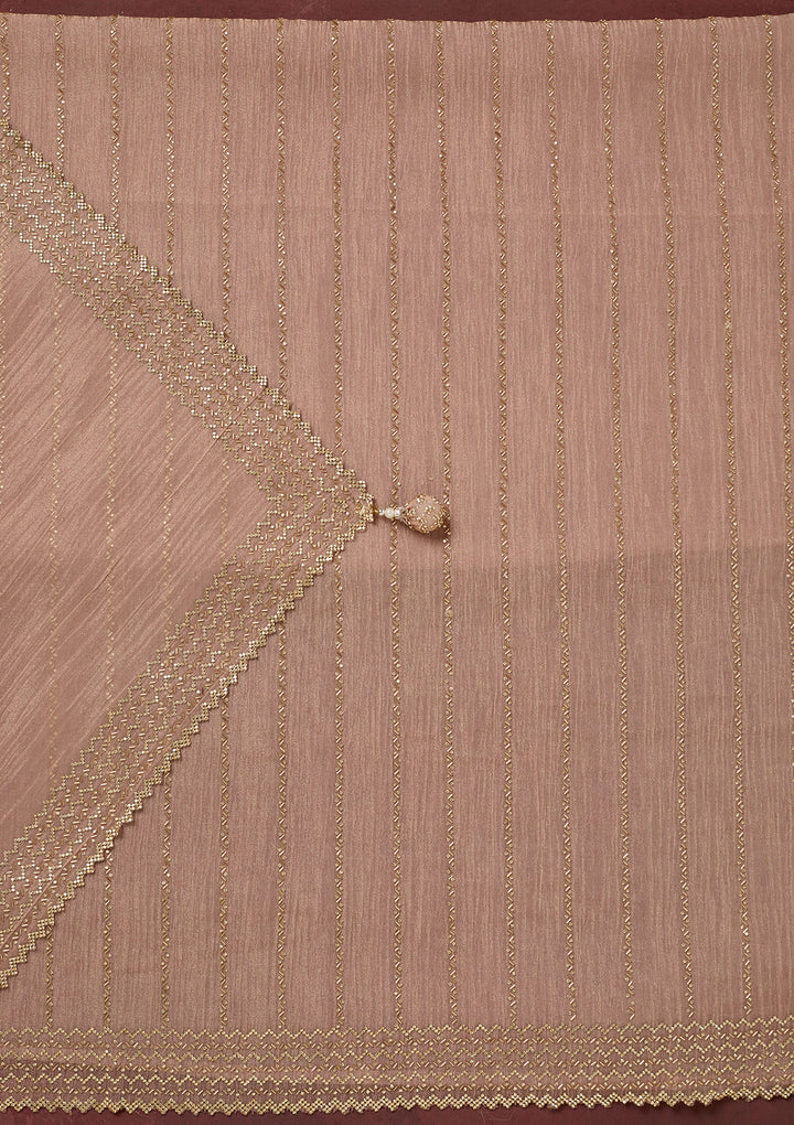 Peach Tissue Gold Stonework Unstitched Dress Material With Matching Bottom And Dupatta