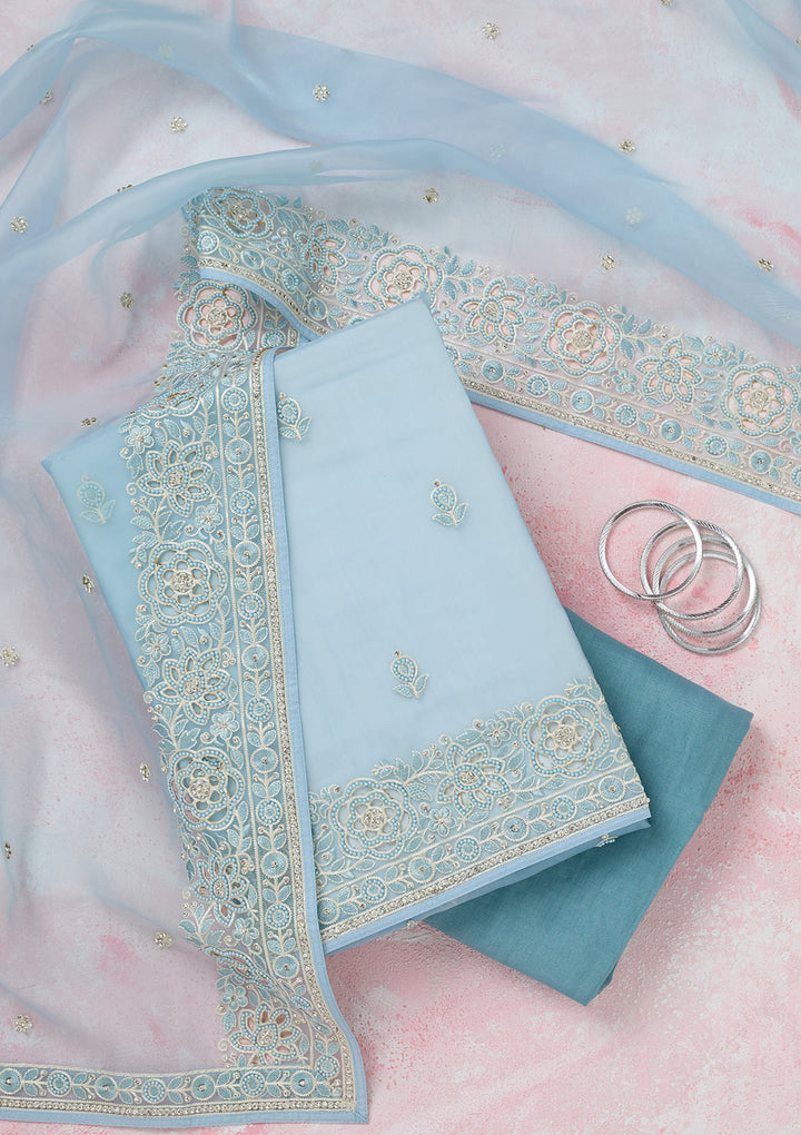 Sky Blue Threadwork Semi Crepe Unstitched Salwar Suit