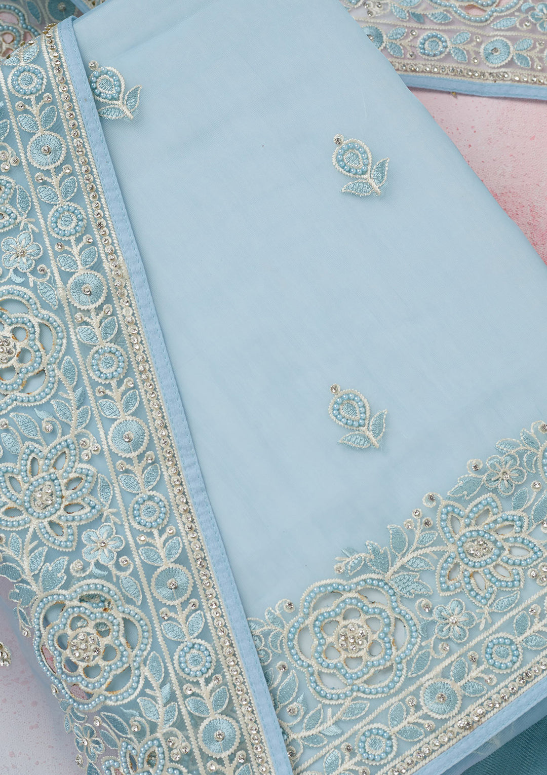 Sky Blue Threadwork Semi Crepe Unstitched Salwar Suit