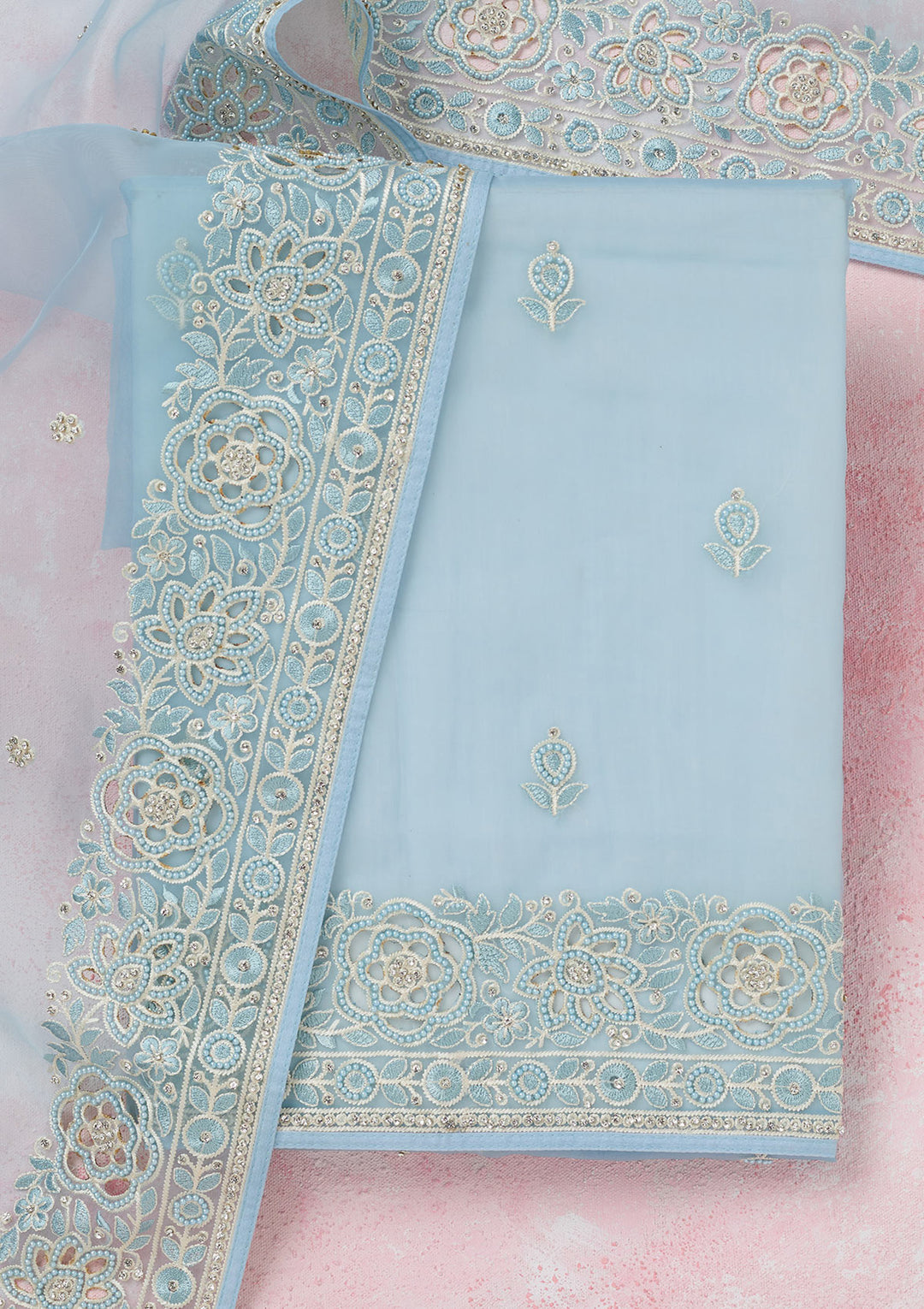Sky Blue Threadwork Semi Crepe Unstitched Salwar Suit