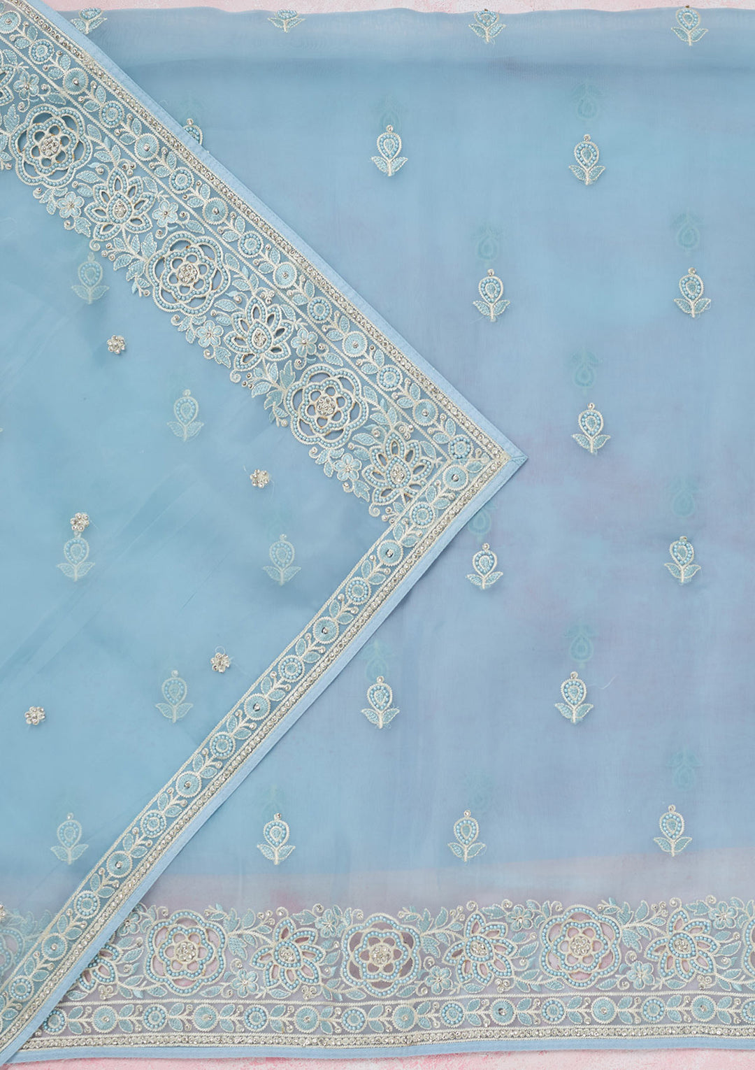 Sky Blue Threadwork Semi Crepe Unstitched Salwar Suit