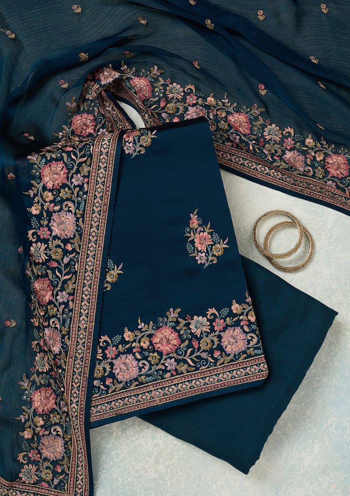 Navy Blue Chinon Kashmiri Unstitched Dress Material With Matching Bottom And Dupatta