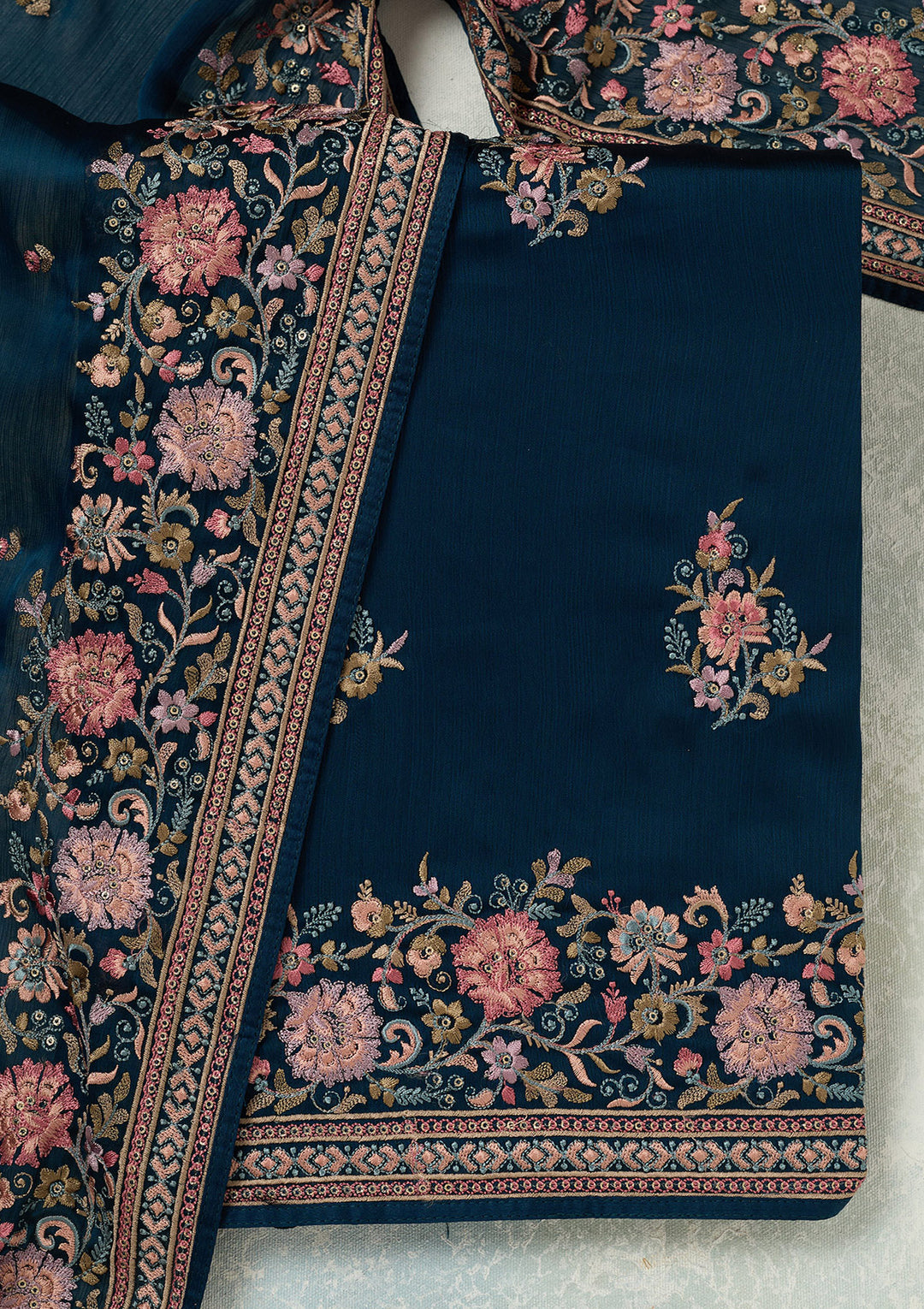 Navy Blue Chinon Kashmiri Unstitched Dress Material With Matching Bottom And Dupatta