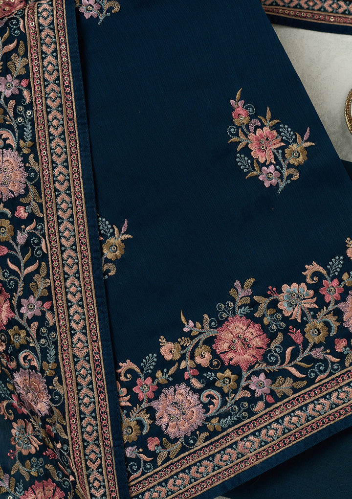 Navy Blue Chinon Kashmiri Unstitched Dress Material With Matching Bottom And Dupatta